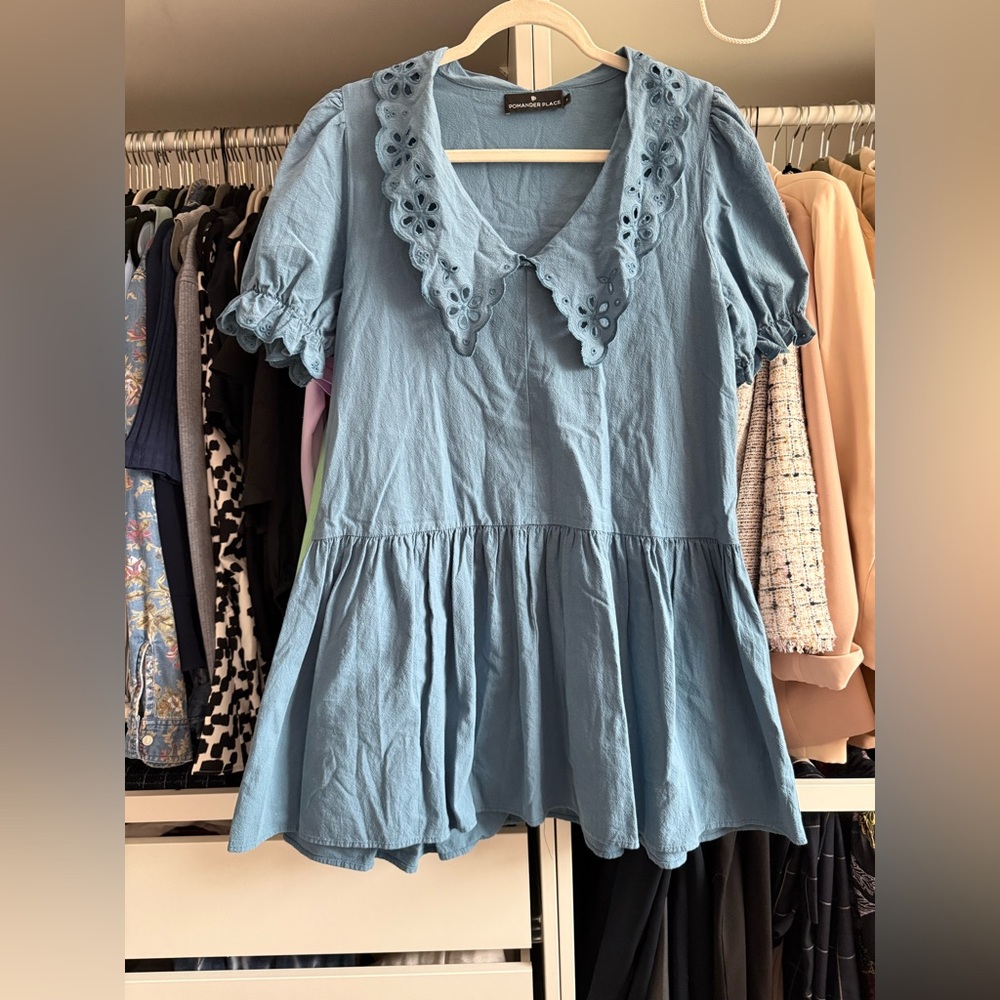 Pomander Place Dusty Blue Dress with Peter Pan Collar